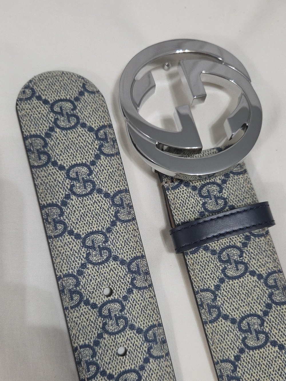 Gucci Blue Beige Monogram Belt with Silver Double G Buckle